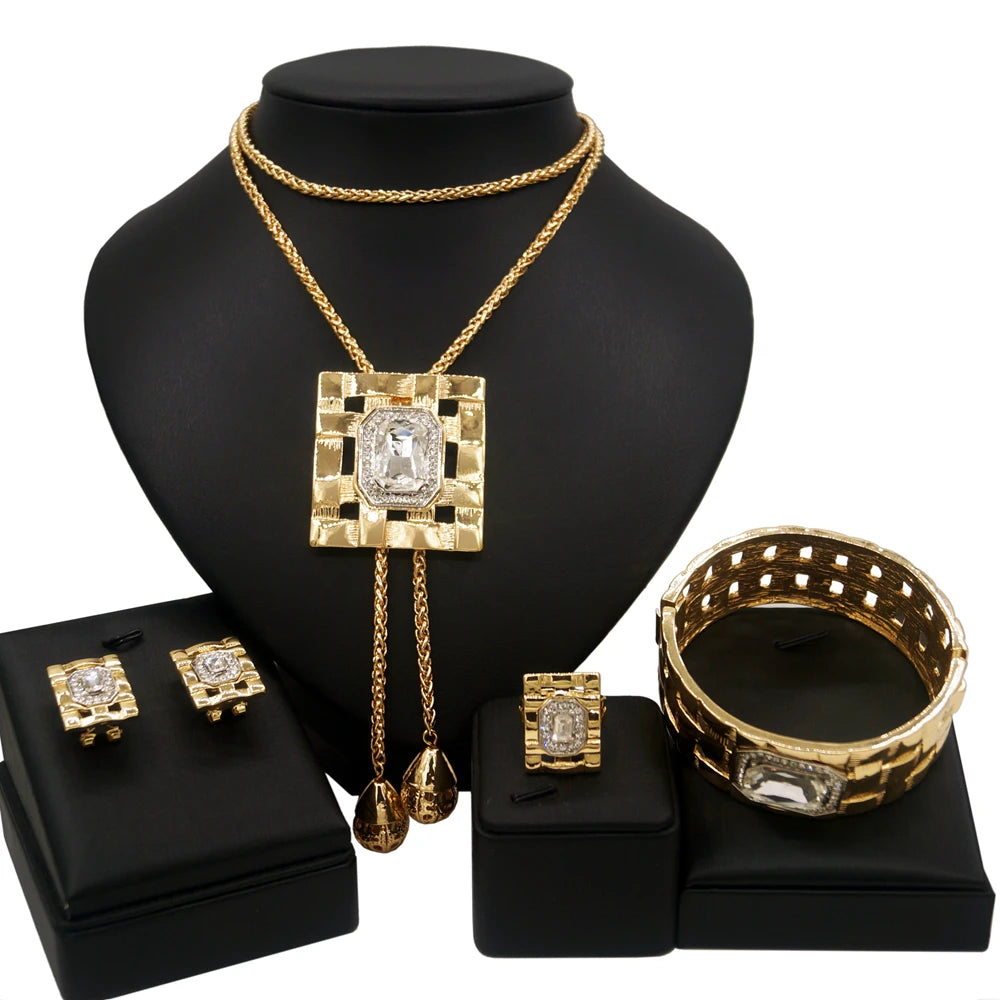 Jewelry Sets For Women Artificial Gemstone African Fashion Bijoux Long Necklace Luxury Dubai Jewelry 18K Gold Plated Bracelet