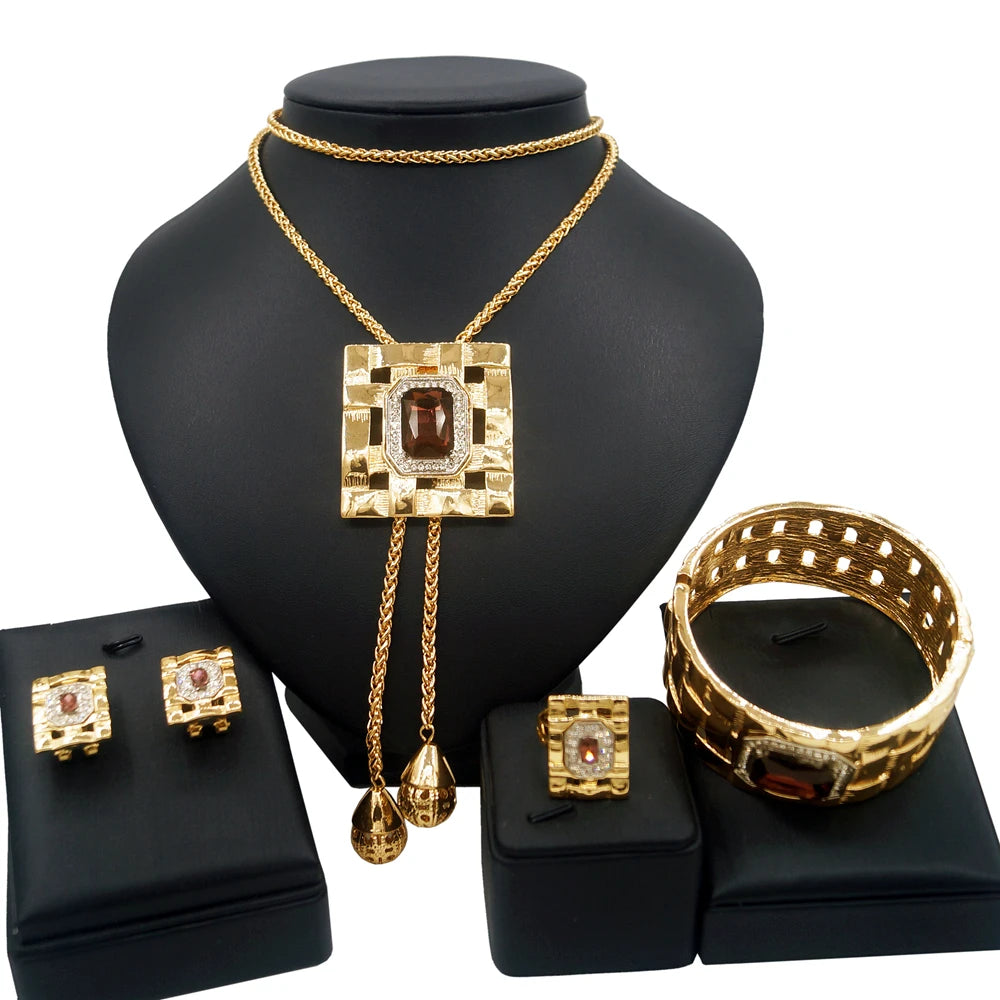Jewelry Sets For Women Artificial Gemstone African Fashion Bijoux Long Necklace Luxury Dubai Jewelry 18K Gold Plated Bracelet