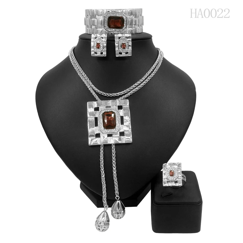 Jewelry Sets For Women Artificial Gemstone African Fashion Bijoux Long Necklace Luxury Dubai Jewelry 18K Gold Plated Bracelet