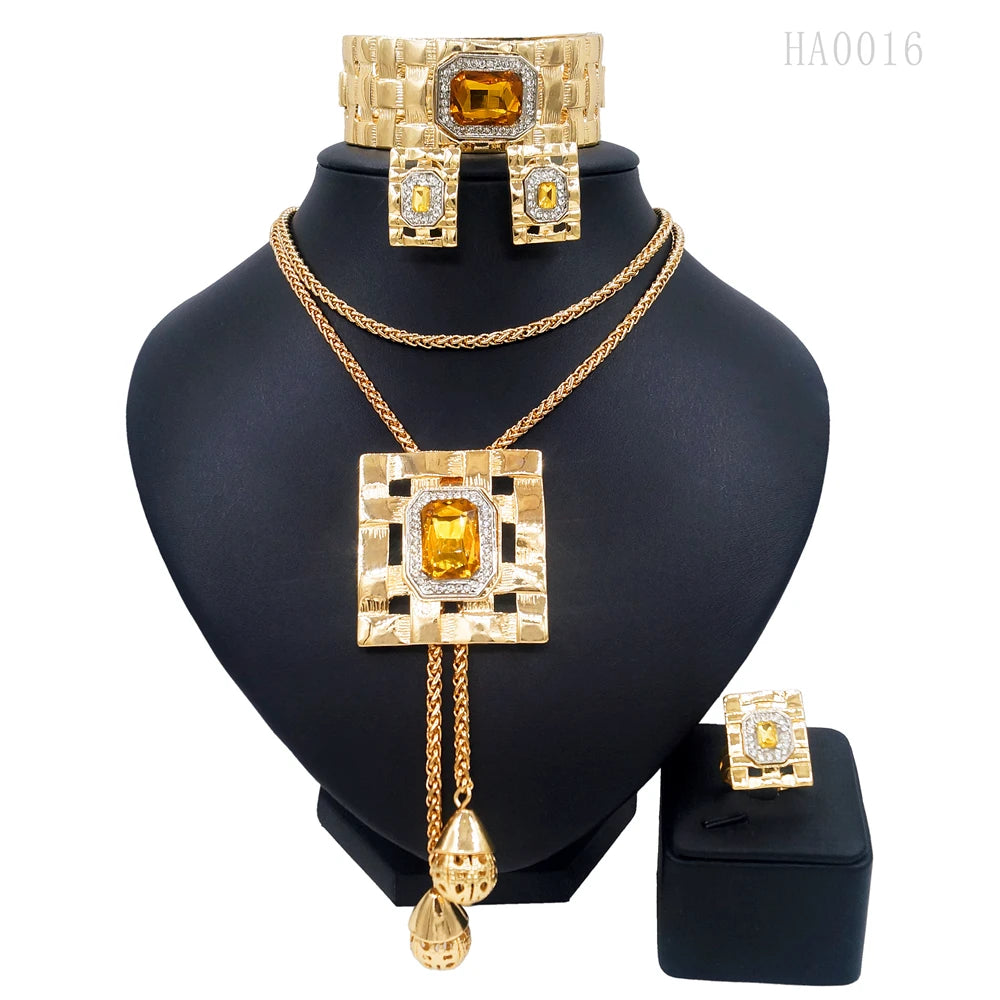 Jewelry Sets For Women Artificial Gemstone African Fashion Bijoux Long Necklace Luxury Dubai Jewelry 18K Gold Plated Bracelet