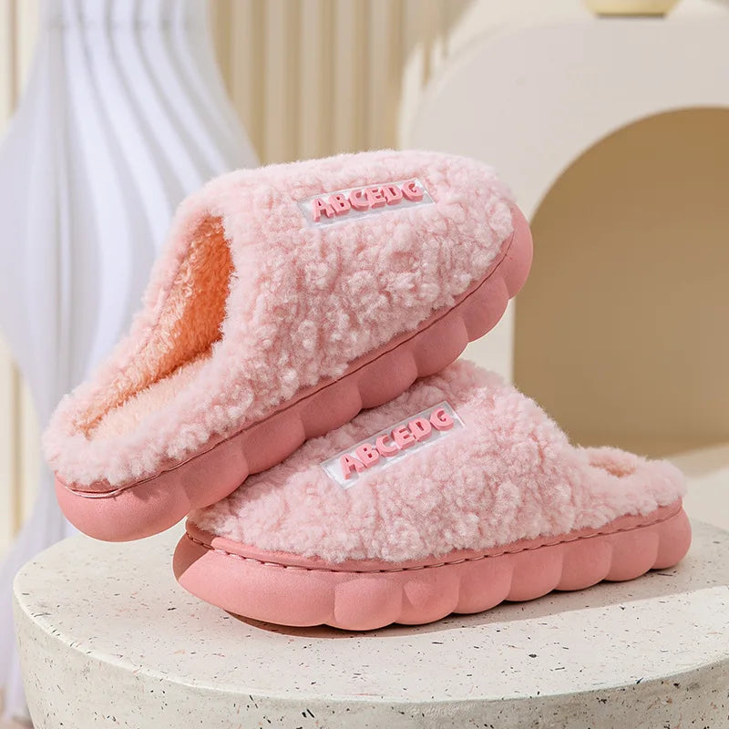 Thick Home Indoor Outside Boy Girl Slippers Winter Home Warm Fluffy Slippers High Heels Fur Cotton Shoes Ladies Couples TG07