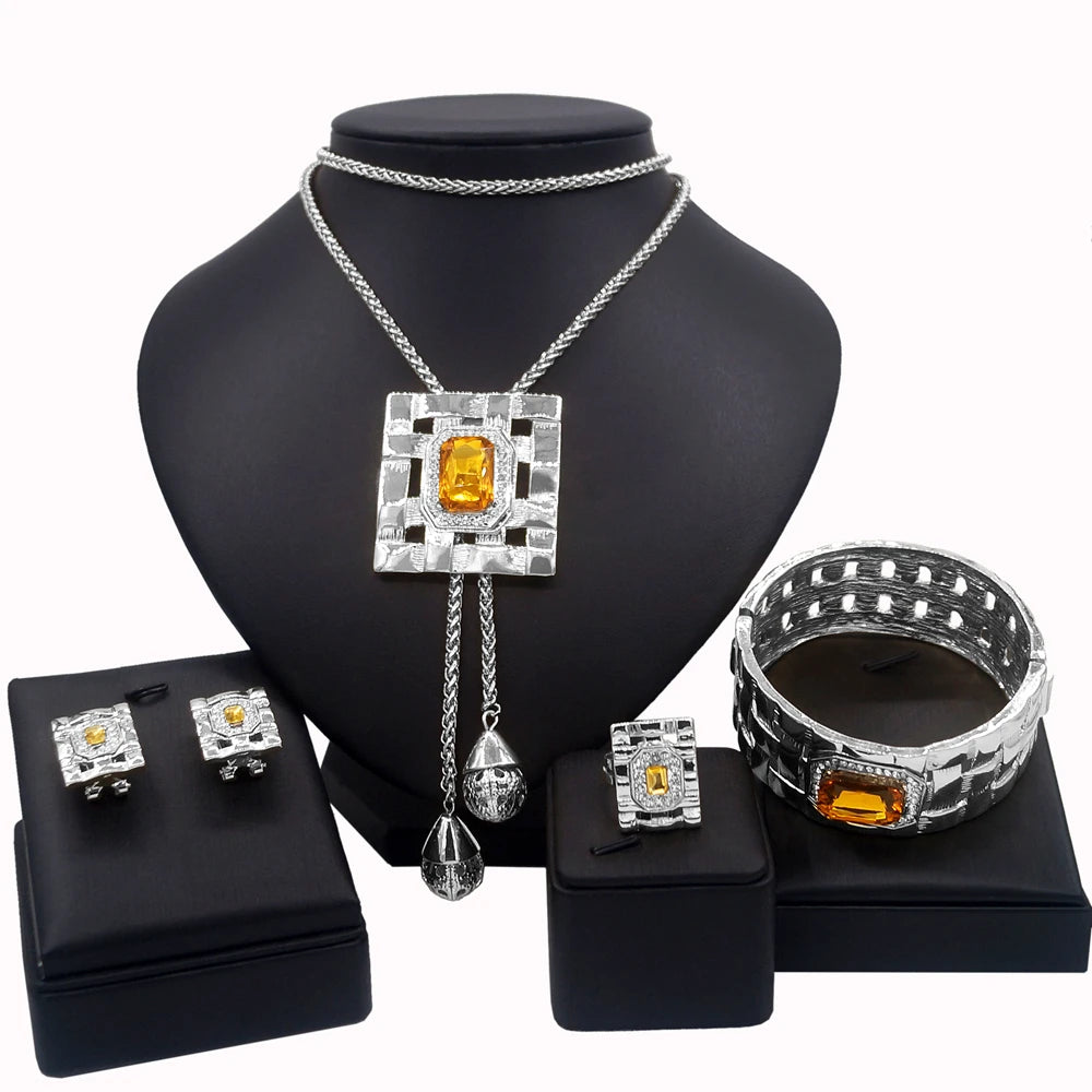 Jewelry Sets For Women Artificial Gemstone African Fashion Bijoux Long Necklace Luxury Dubai Jewelry 18K Gold Plated Bracelet