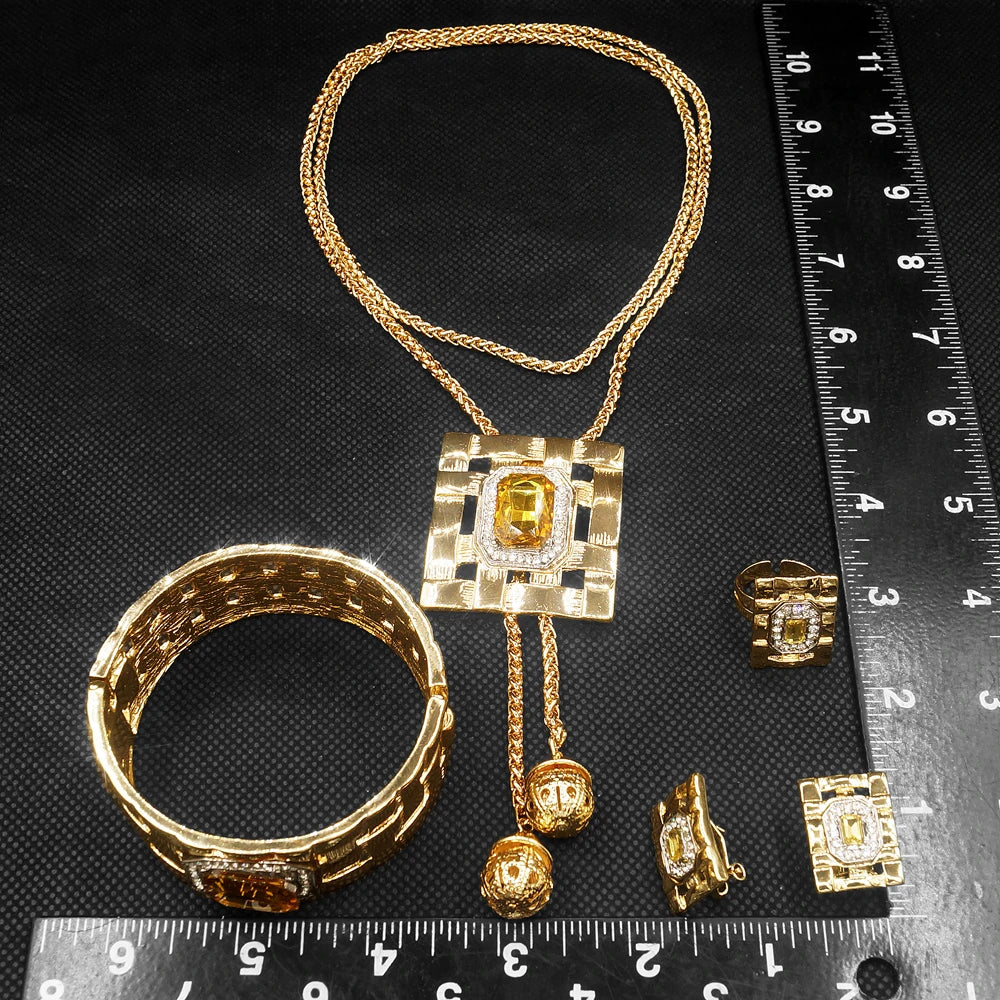 Jewelry Sets For Women Artificial Gemstone African Fashion Bijoux Long Necklace Luxury Dubai Jewelry 18K Gold Plated Bracelet