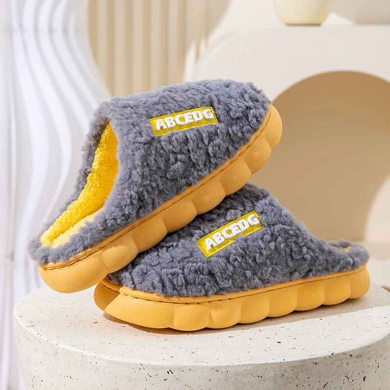 Thick Home Indoor Outside Boy Girl Slippers Winter Home Warm Fluffy Slippers High Heels Fur Cotton Shoes Ladies Couples TG07