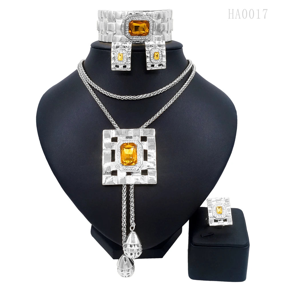 Jewelry Sets For Women Artificial Gemstone African Fashion Bijoux Long Necklace Luxury Dubai Jewelry 18K Gold Plated Bracelet