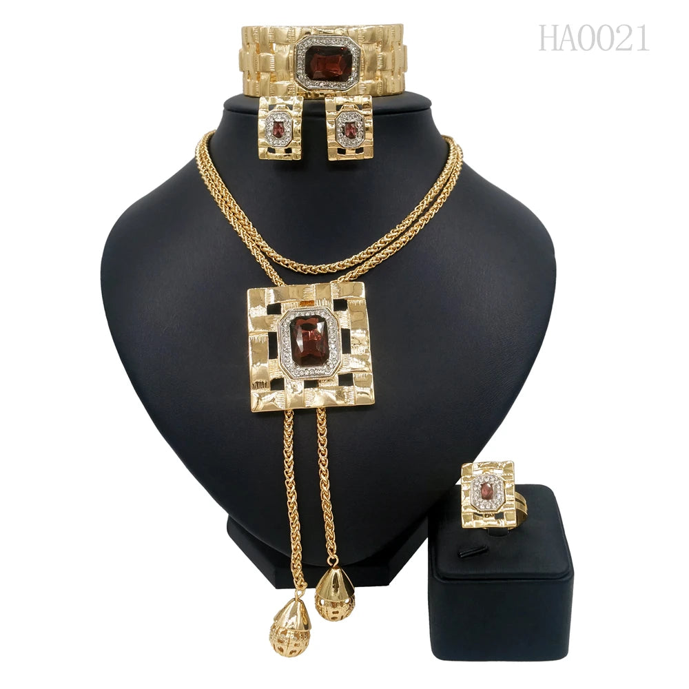 Jewelry Sets For Women Artificial Gemstone African Fashion Bijoux Long Necklace Luxury Dubai Jewelry 18K Gold Plated Bracelet