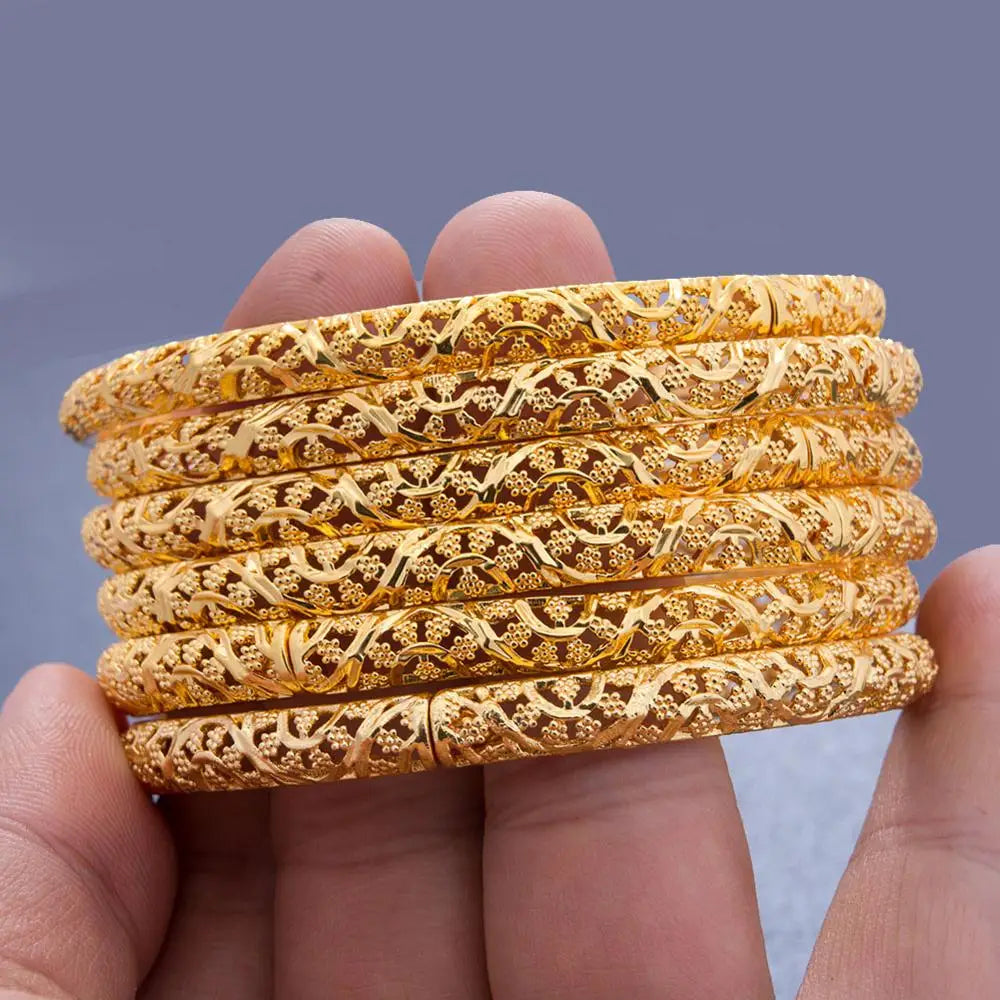 24k 6Pcs Gold Color Dubai India Bangles For Women African Bridal Bangles Bracelets Gold Wedding Bangles Jewellery Gifts