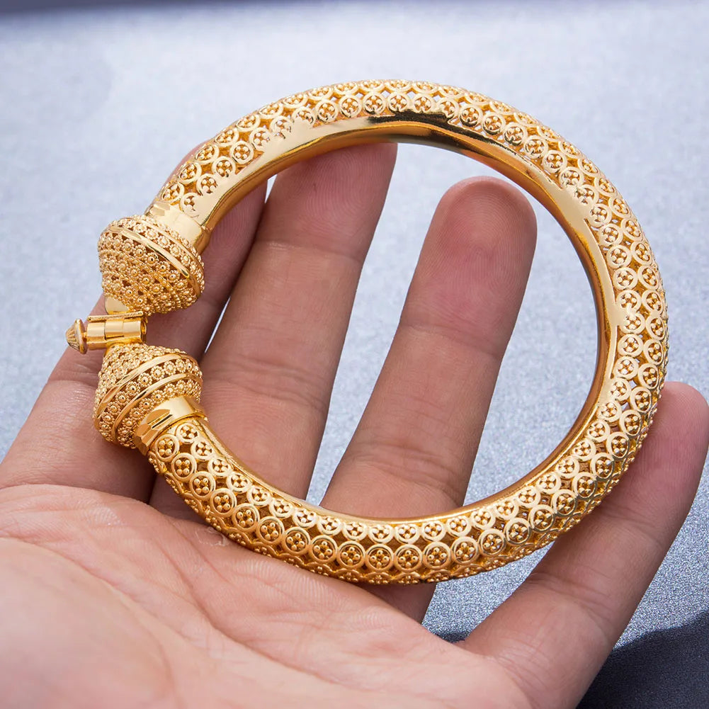 24k Luxury wedding Dubai Bangles Gold Color Bangles For Women Girls Wedding Bride India Bangles Bracelets Jewelry Gift Can Open