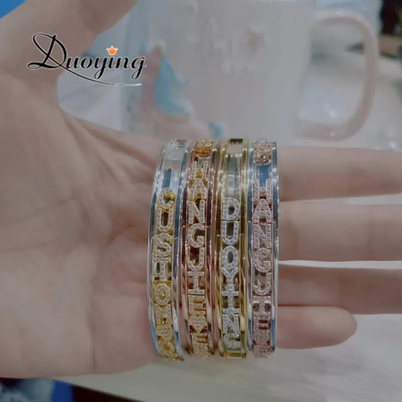 Duoying DIY Slider Charms Bangles Custom Name Bracelets Bangle Zircon Sliding Charm Bangles Personalized Name Letter Bangles