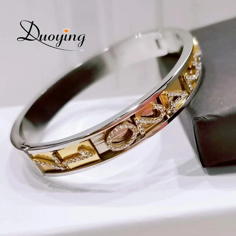 Duoying 316L Stainless DIY Slider Charms Bangles Custom Name Bracelets Bangle Zirconia Letters Bangles Personalized Bangles