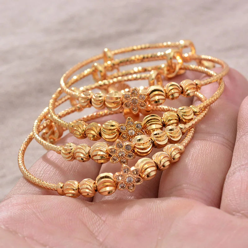 24K 4pcs Ethnic Gold Color Dubai Bangles Kids Bracelet Luxury Bracelet Dubai Bangles Child Jewelry Birthday Present