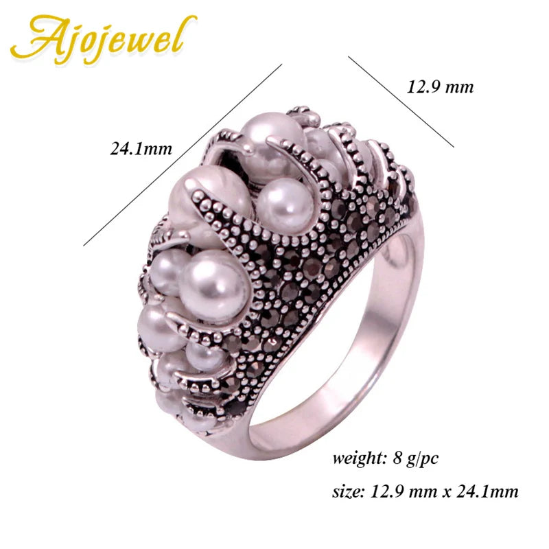 Ajojewel Women's Vintage Simulated-Pearl Ring With Black Rhinestones Anel Original Retro Jewelry Beauty Gifts
