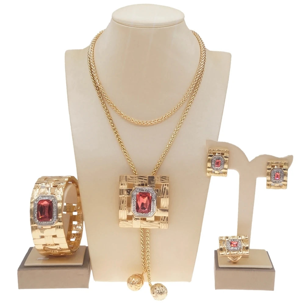 Jewelry Sets For Women Artificial Gemstone African Fashion Bijoux Long Necklace Luxury Dubai Jewelry 18K Gold Plated Bracelet