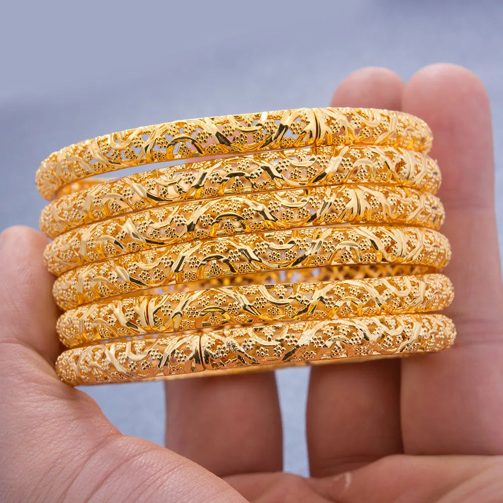 24k 6Pcs Gold Color Dubai India Bangles For Women African Bridal Bangles Bracelets Gold Wedding Bangles Jewellery Gifts