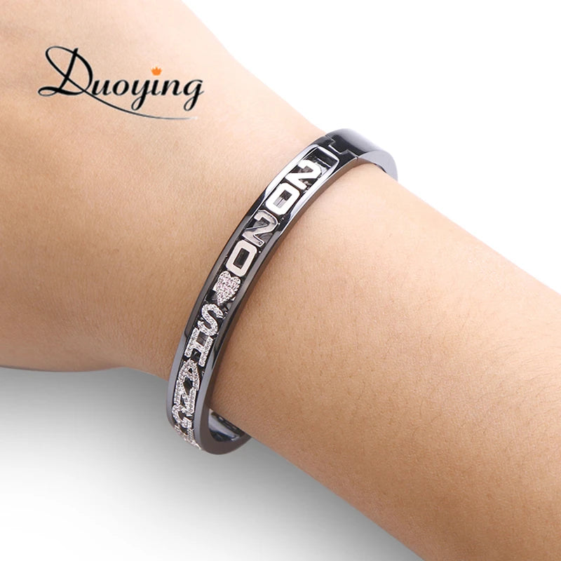 Duoying DIY Slider Charms Bangles Custom Name Bracelets Bangle Zircon Sliding Charm Bangles Personalized Name Letter Bangles