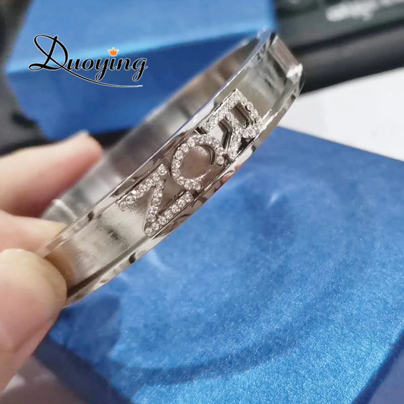 Duoying 316L Stainless DIY Slider Charms Bangles Custom Name Bracelets Bangle Zirconia Letters Bangles Personalized Bangles