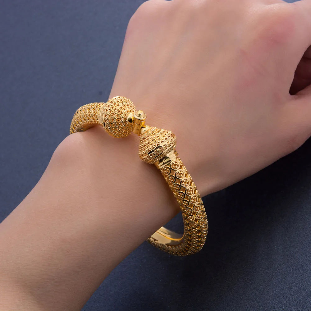24k Luxury wedding Dubai Bangles Gold Color Bangles For Women Girls Wedding Bride India Bangles Bracelets Jewelry Gift Can Open