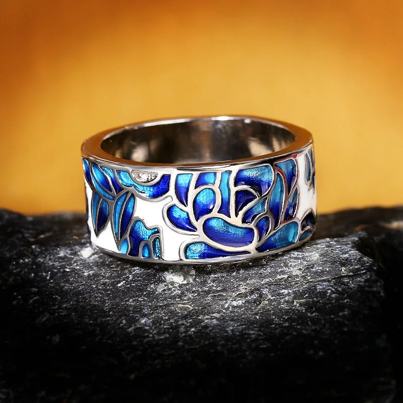 New Ladies Classic Epoxy Enamel Blue Flower Ladies Ring 925 Silver Ladies Jewelry Wedding Ring Bridal Jewelry Wide Silver Ring