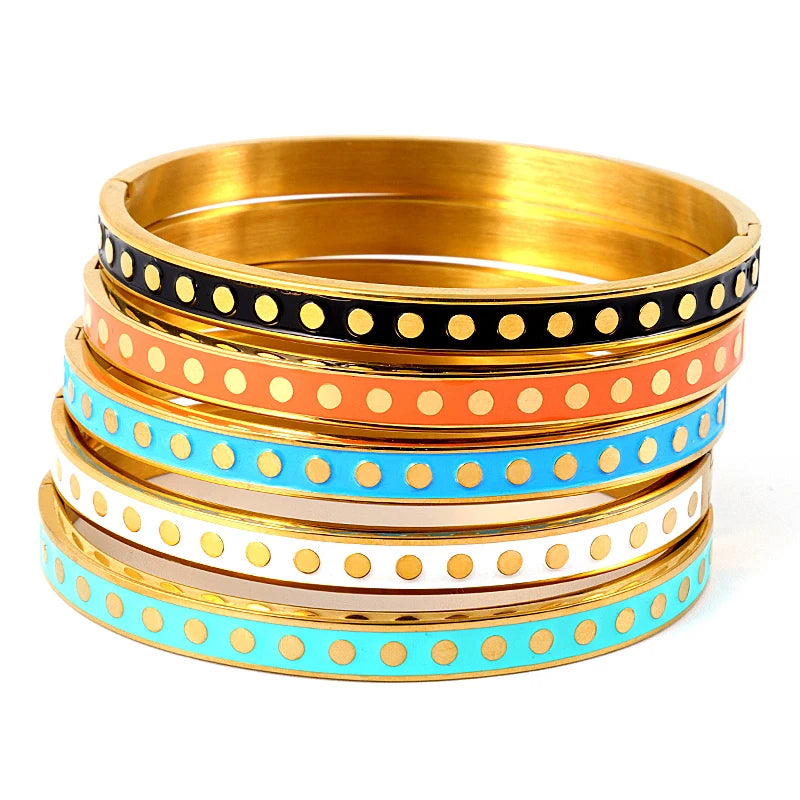 ZALMAN Colorful Enamel Wave Point Design Bangles & Bracelets for Women Round Gold Color Bangles Stainless Steel Bangles Wedding