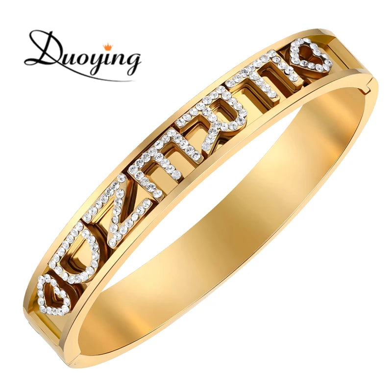 Duoying 316L Stainless DIY Slider Charms Bangles Custom Name Bracelets Bangle Zirconia Letters Bangles Personalized Bangles