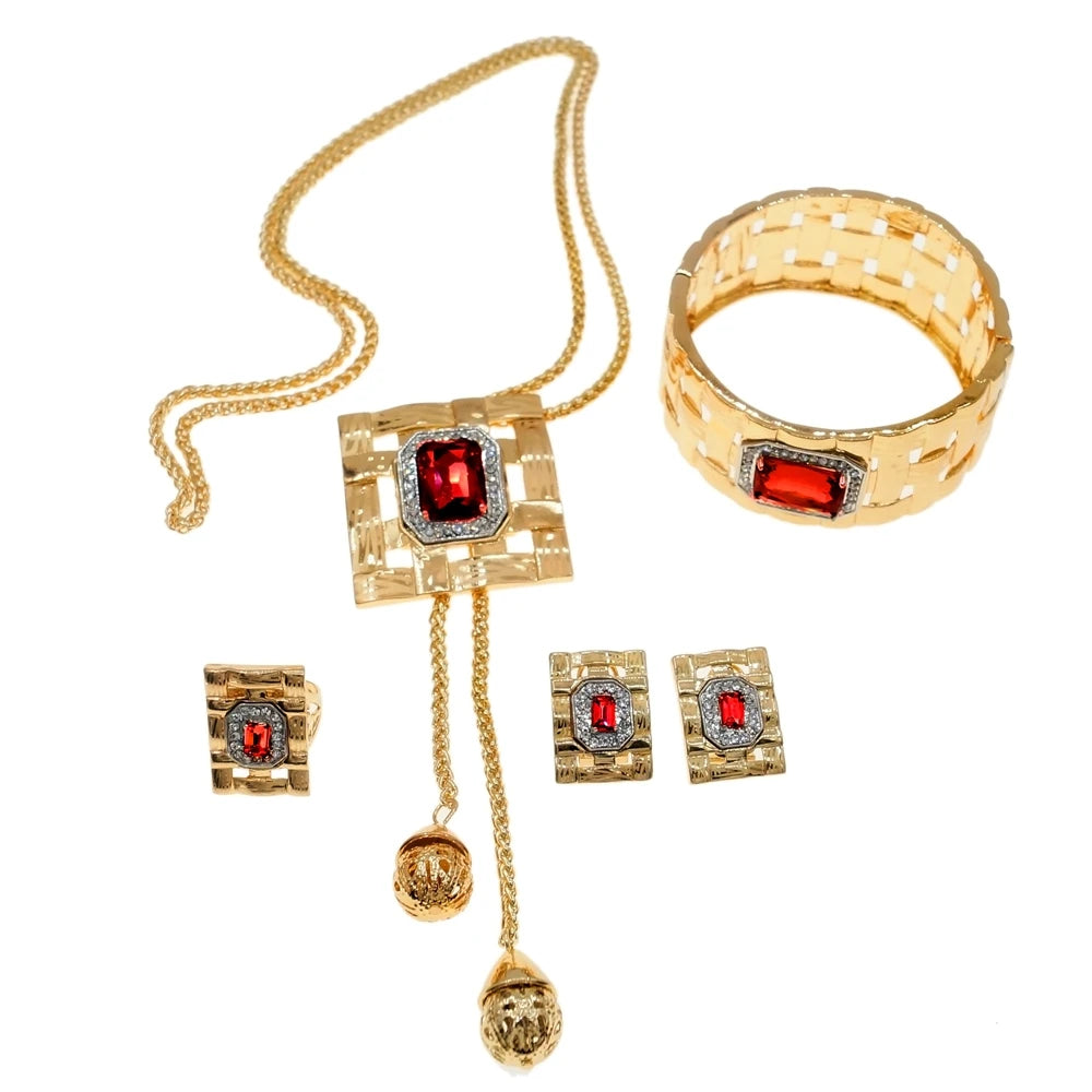 Jewelry Sets For Women Artificial Gemstone African Fashion Bijoux Long Necklace Luxury Dubai Jewelry 18K Gold Plated Bracelet