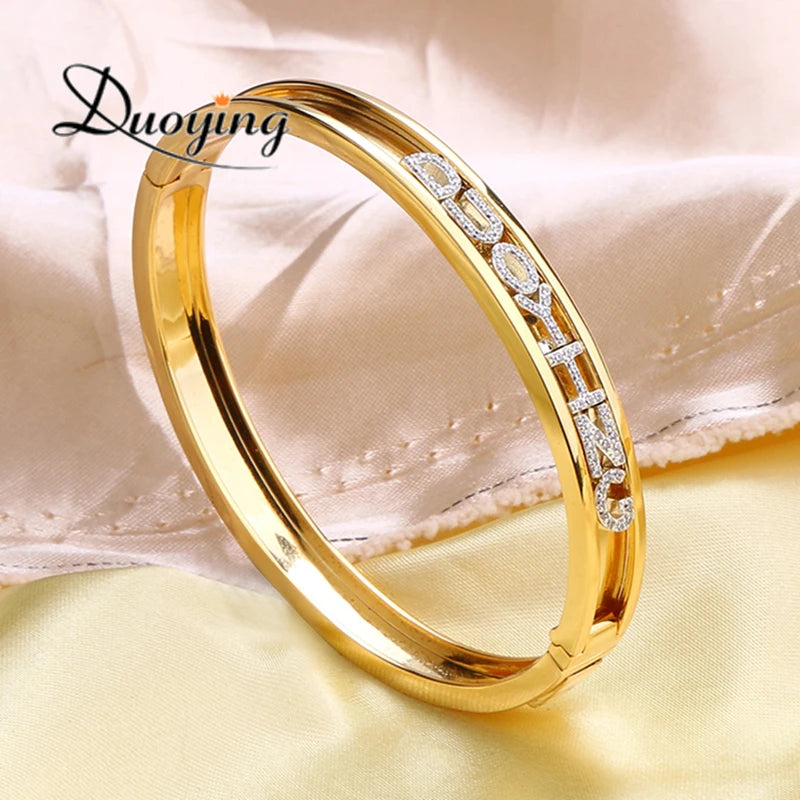 Duoying DIY Slider Charms Bangles Custom Name Bracelets Bangle Zircon Sliding Charm Bangles Personalized Name Letter Bangles