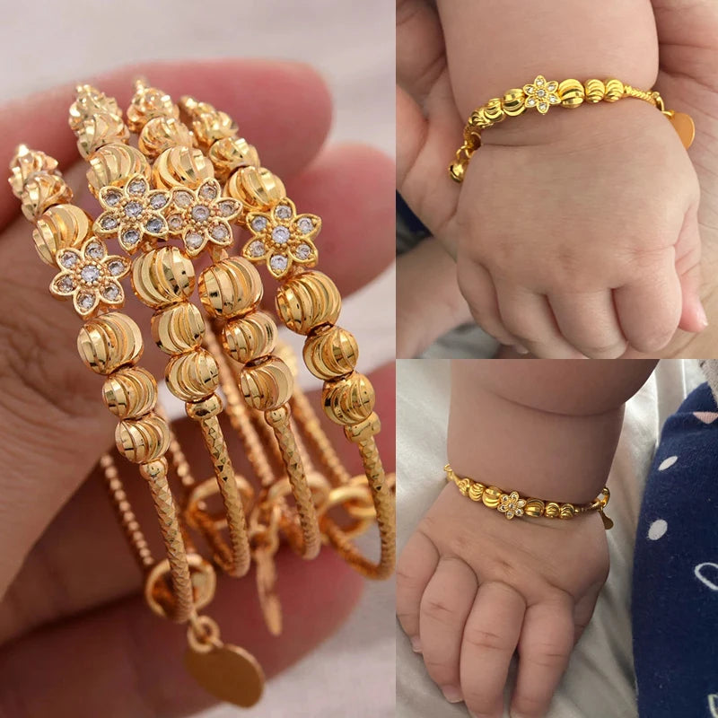24K 4pcs Ethnic Gold Color Dubai Bangles Kids Bracelet Luxury Bracelet Dubai Bangles Child Jewelry Birthday Present