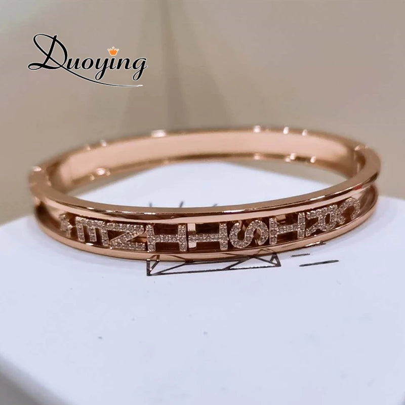 Duoying DIY Slider Charms Bangles Custom Name Bracelets Bangle Zircon Sliding Charm Bangles Personalized Name Letter Bangles