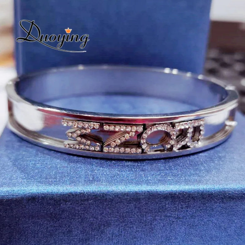 Duoying 316L Stainless DIY Slider Charms Bangles Custom Name Bracelets Bangle Zirconia Letters Bangles Personalized Bangles