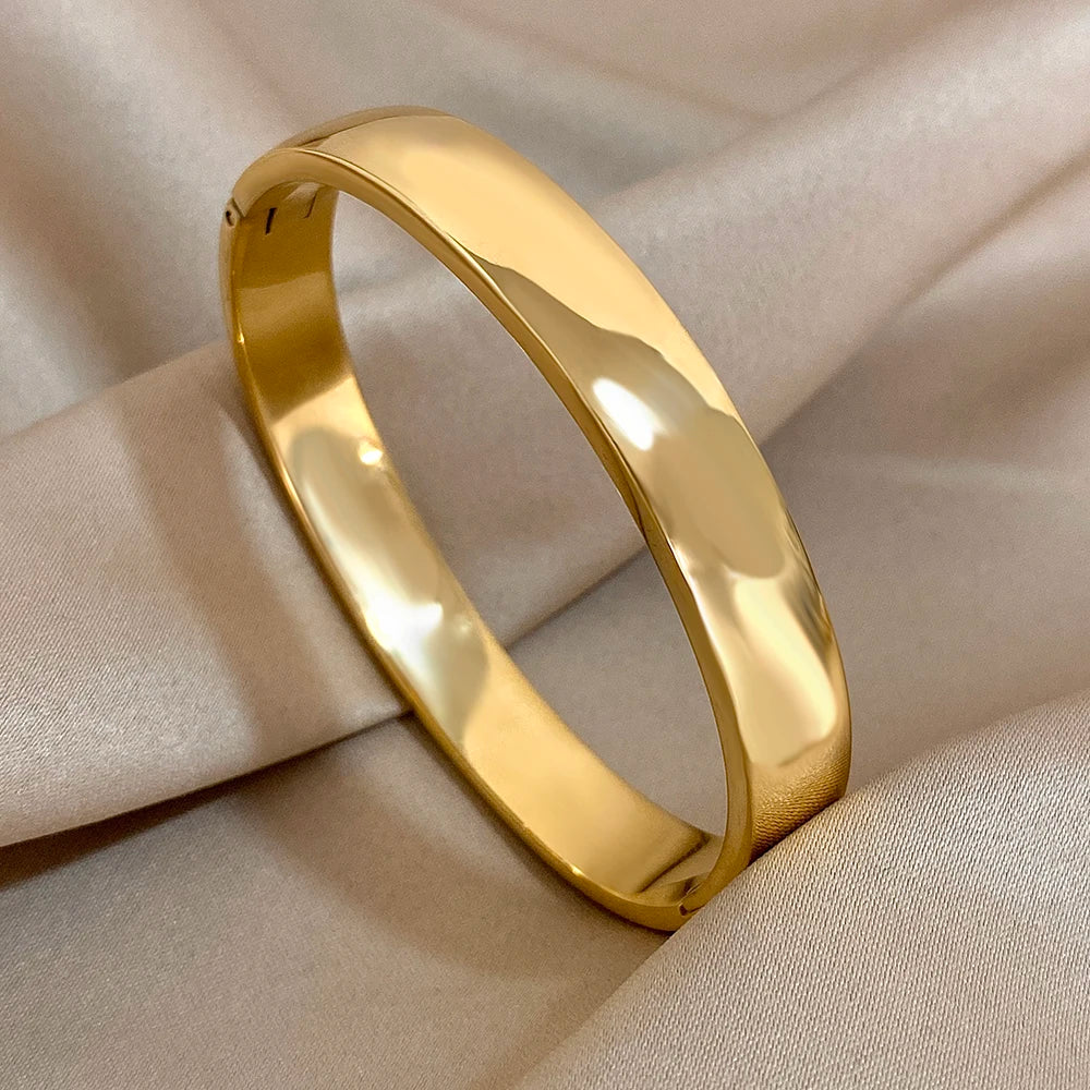 Gold Plated Tarnish Free Smooth Wide Cuff Bangles Bracelets for Woman Men Simple Irregular Minimalist Open Bangles Wrist Bangles