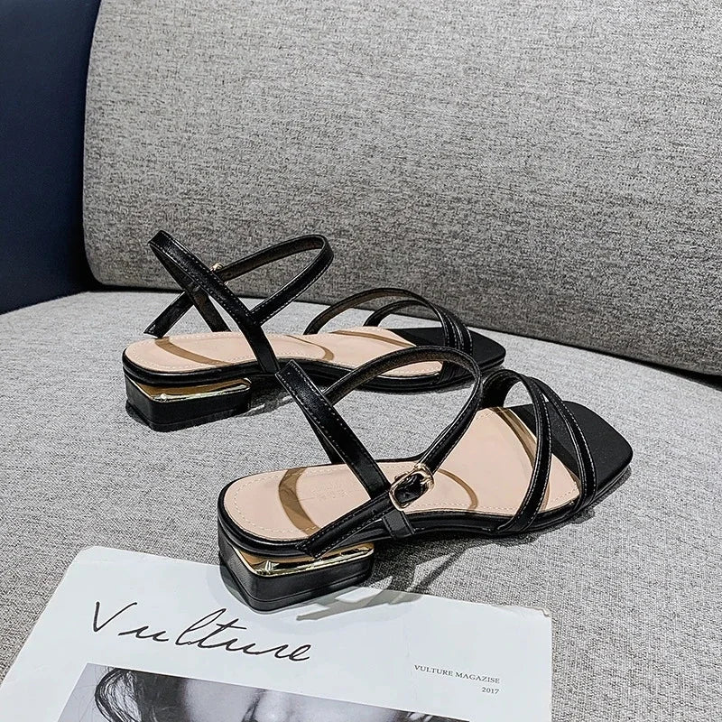Sandals Ladies Square Heel Elegant Summer Slippers Gladiator Leather Ladies Slippers Fashion Ladies Sandals