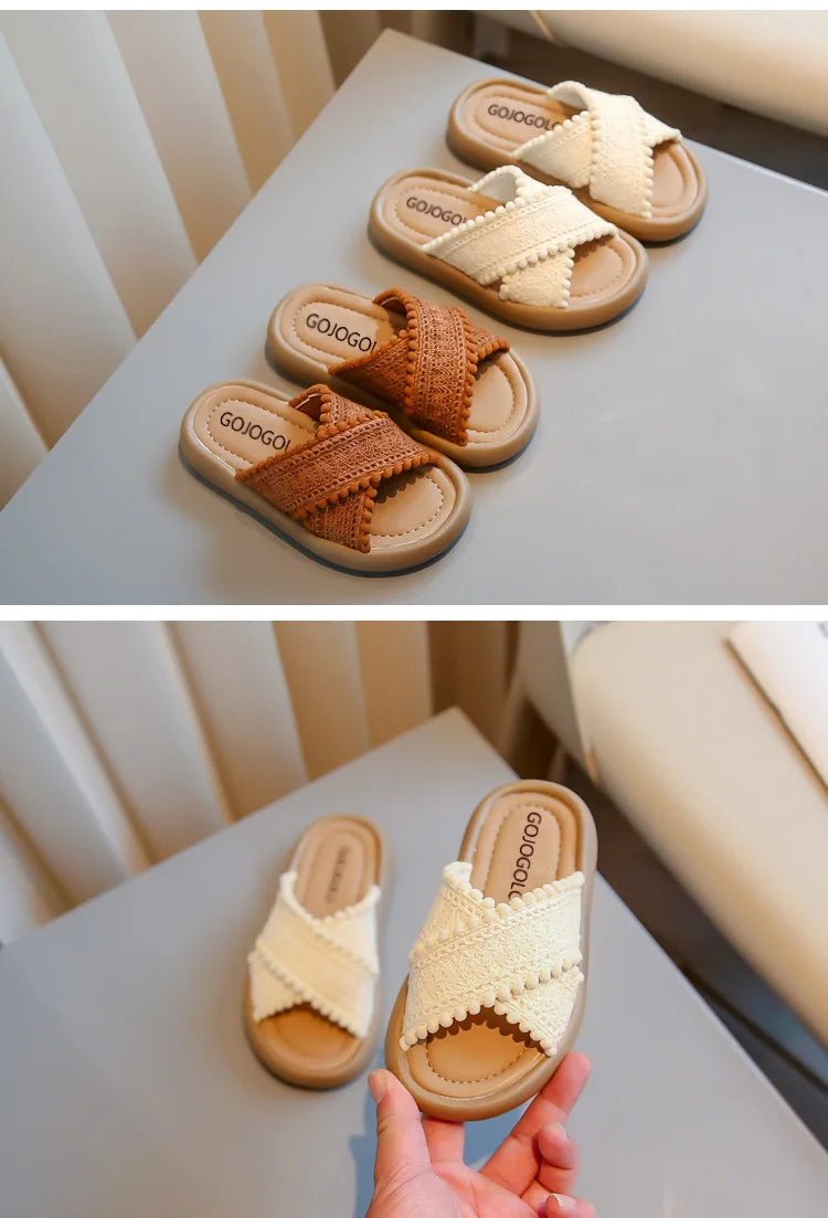 Girls Summer Slippers Princess Sweet Kids Slides Beach Shoes Bohemia Woven Children's Outdoor Slippers Anti-slippery 23-37 Soft