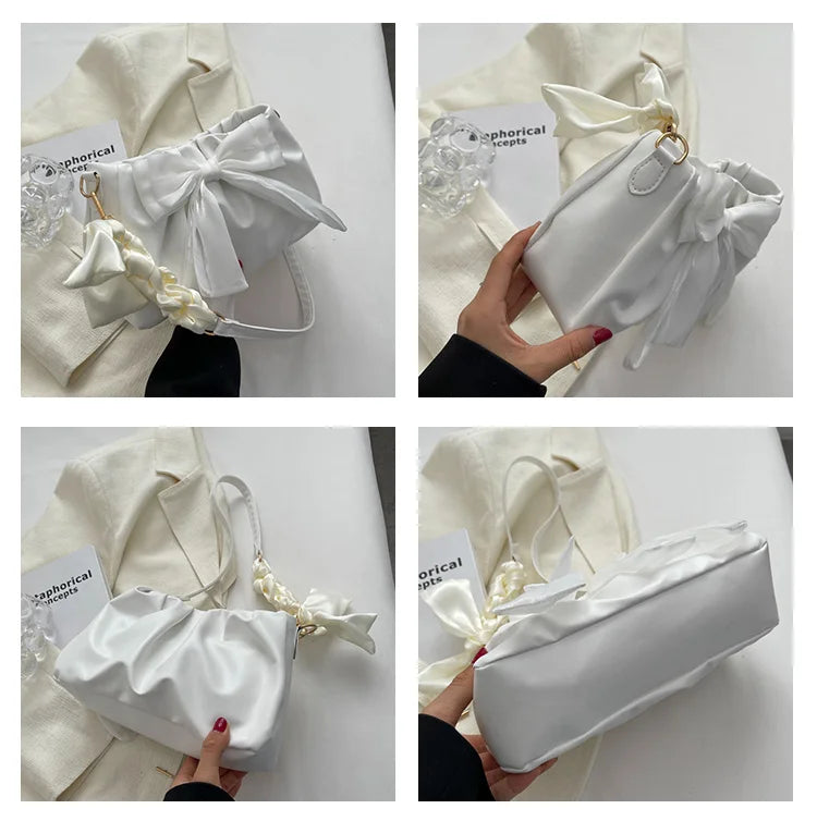Lovely Bow Handbags for Girls Ladies Fashion Pleated Shoulder Bags for Women Simple Design Female Underarm Bag Casual Tote Purse