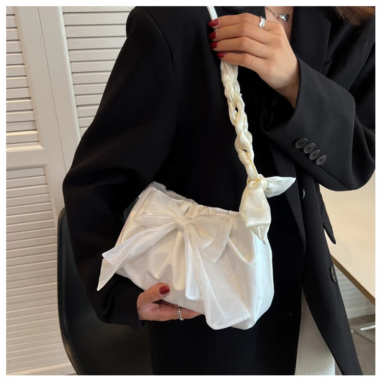 Lovely Bow Handbags for Girls Ladies Fashion Pleated Shoulder Bags for Women Simple Design Female Underarm Bag Casual Tote Purse