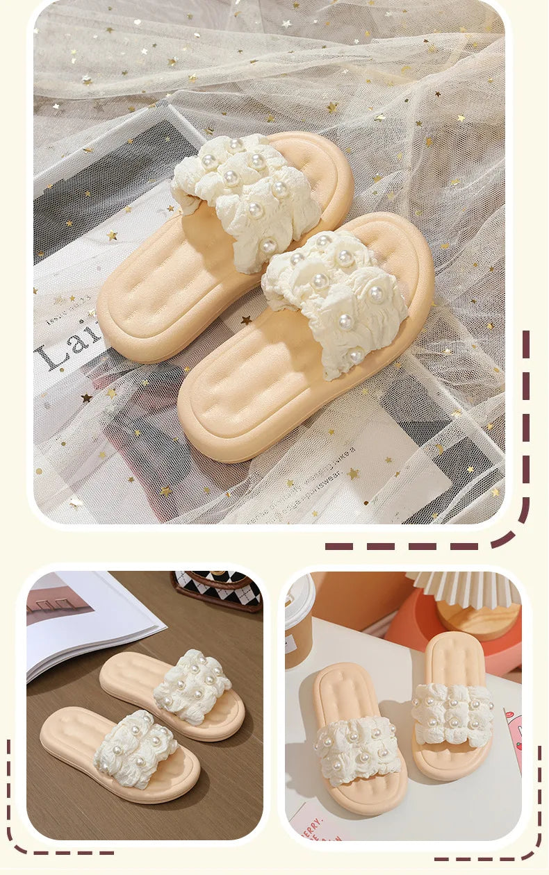 Slippers Princess Wind Pearl Puffs Girls Little Girl Slippers Soft Bottom Outside Penetrating Air Sandals
