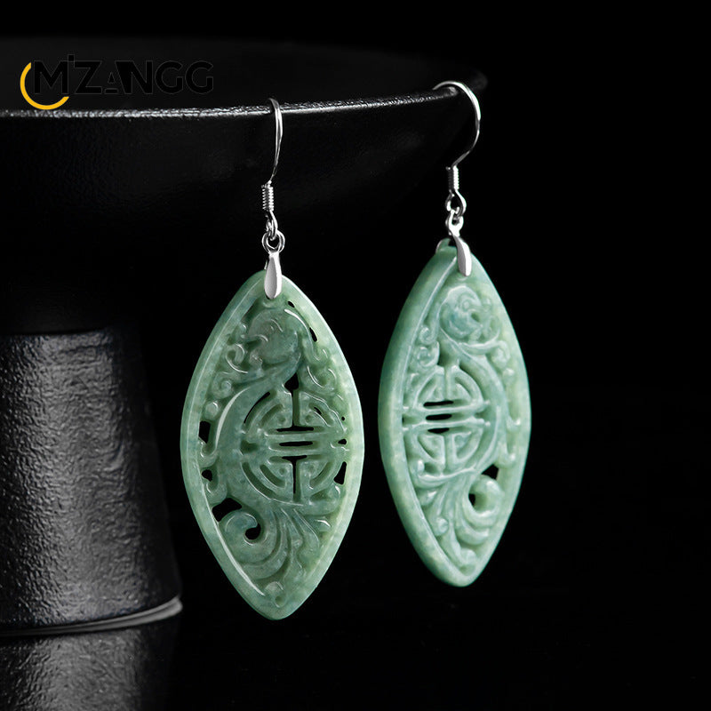 Natural Jadeite Imitation Antique Hollowed Phoenix Earrings S925 Silver Inlaid Jade Earrings Retro Fashion Women's Jewelry