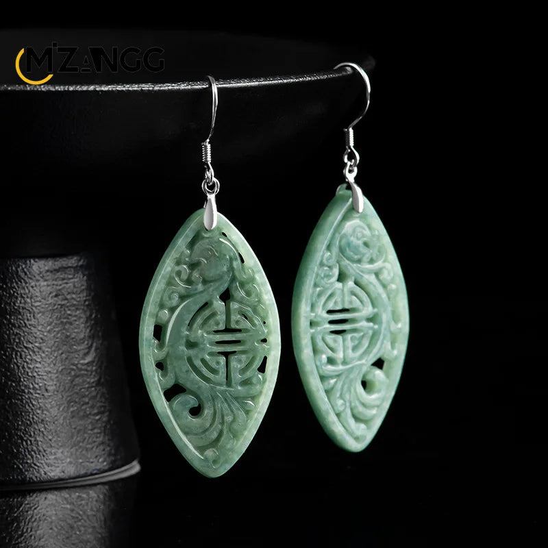 Natural Jadeite Imitation Antique Hollowed Phoenix Earrings S925 Silver Inlaid Jade Earrings Retro Fashion Women's Jewelry