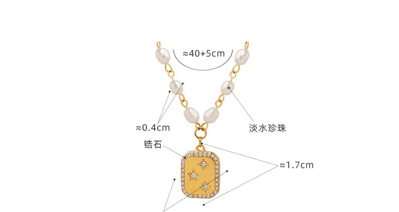 Fashion Trendy Square Zircon Inlaid Pendant Artificial Pearl Necklace European and American Style Female Temperament Jewelry