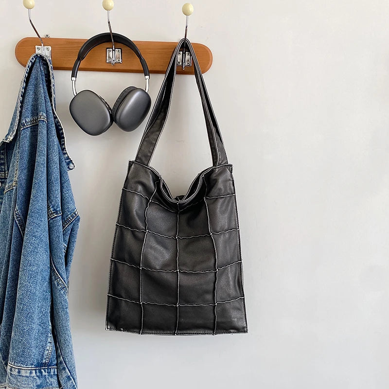 Ladies Handbag Women Vintage Bag Large Capacity Female Bag Brand Designer Plaid Shoulder Bag Soft Leather Top Handle Tote Bags