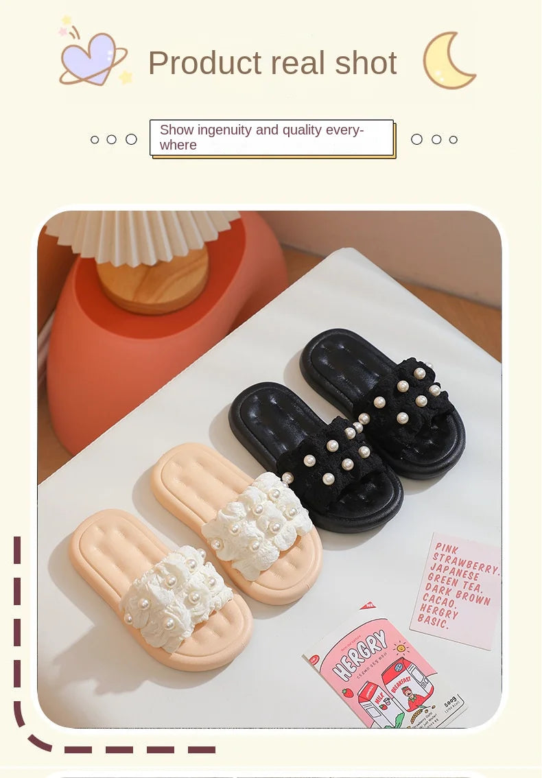 Slippers Princess Wind Pearl Puffs Girls Little Girl Slippers Soft Bottom Outside Penetrating Air Sandals