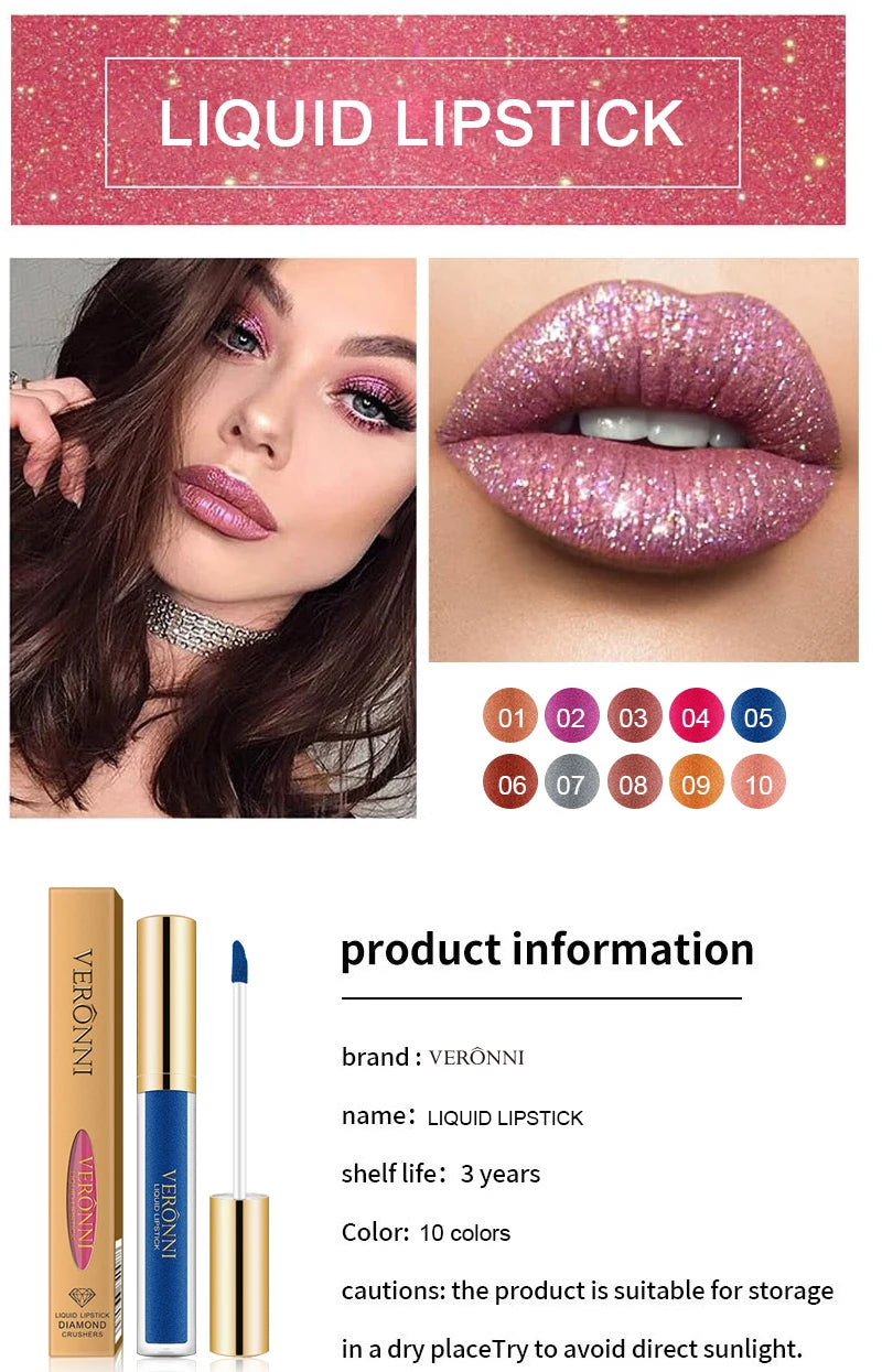 15 Color Glitter Liquid Lipsticks Shimmer Shiny Lipgloss Pearlescent Lip Tint Waterproof Long Lasting Matte Diamond Lips Glaze
