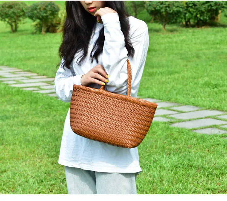 Handbags Women's Genuine Leather Shoulder Bag Weaving Casual Shopping Bag Vintage Big Tote Purse Cowhide Cross Hand Bags Lady