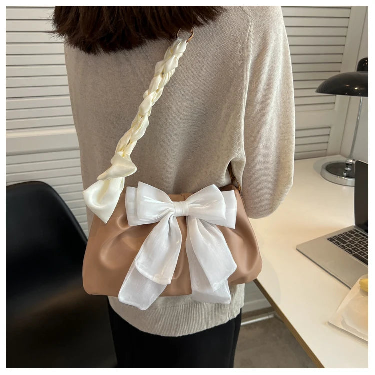 Lovely Bow Handbags for Girls Ladies Fashion Pleated Shoulder Bags for Women Simple Design Female Underarm Bag Casual Tote Purse