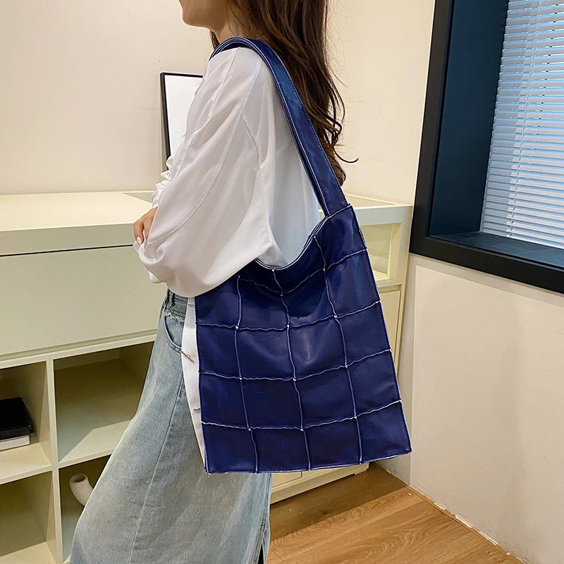 Ladies Handbag Women Vintage Bag Large Capacity Female Bag Brand Designer Plaid Shoulder Bag Soft Leather Top Handle Tote Bags