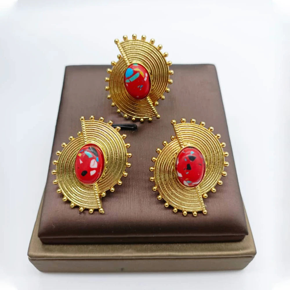 African Jewelry Set for Women Spiral Shape New Fashion Purpuse Stone Earrings Finger Ring Dubai Indian Luxury Gold Color Jewelry