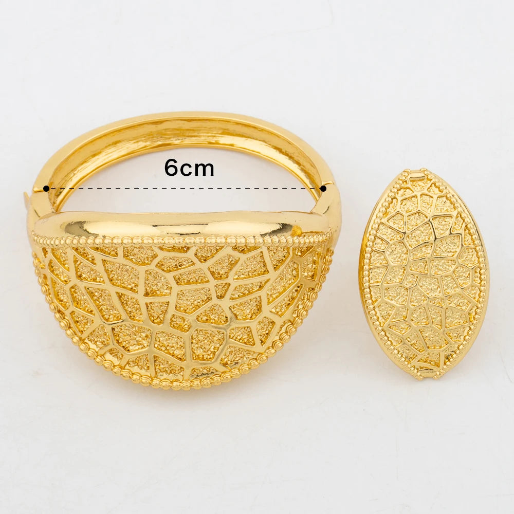 Large Hoop Bangle for Women Flower Italian Dubai Gold Color Bracelet Ring Jewelry Set Luxury Copper Fashion Birthday Party Gift