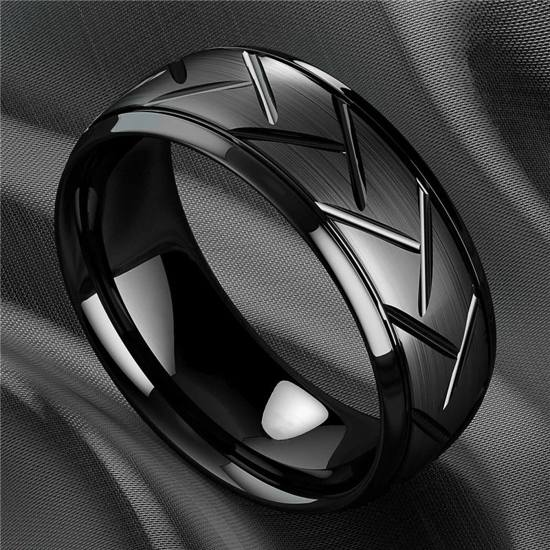 Fashion Stainless Steel Black Ring Stylish Simple Men's Black Wire Groove Tire Ring Artificial Jewelry Lover Gift