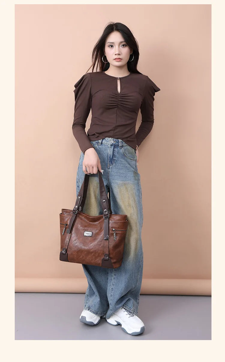 Large Handbags for Women Vintage Faux Leather Tote Bag Ladies Trend 2024 Designer Luxury Bag Black Brown Wine Red Blue Green New