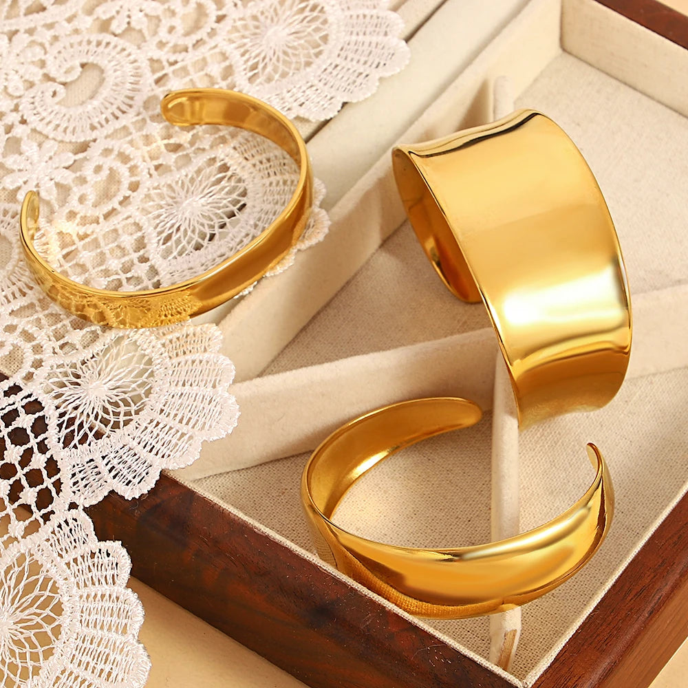 Gold Plated Tarnish Free Smooth Wide Cuff Bangles Bracelets for Woman Men Simple Irregular Minimalist Open Bangles Wrist Bangles