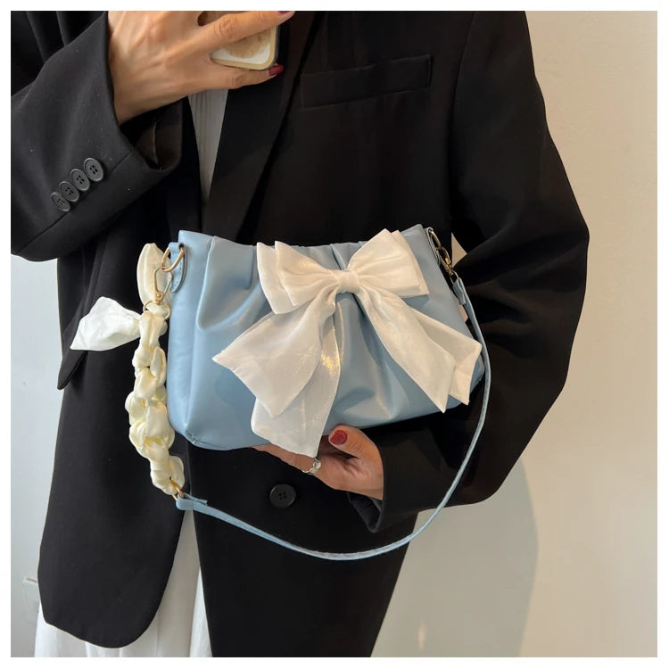 Lovely Bow Handbags for Girls Ladies Fashion Pleated Shoulder Bags for Women Simple Design Female Underarm Bag Casual Tote Purse